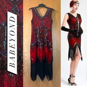 Flapper Dress 1920s Beaded Fringed Sequins V-Neck